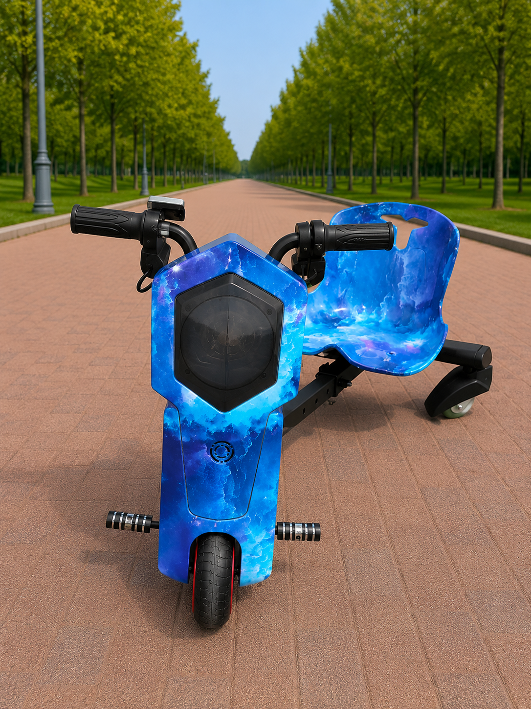 Tricicletă Electrică Drift pentru Copii, 350W, 36V, Roți Pivotante 360°, Bluetooth, LED, Albastru Cosmic, Cadou Cască și Protecții