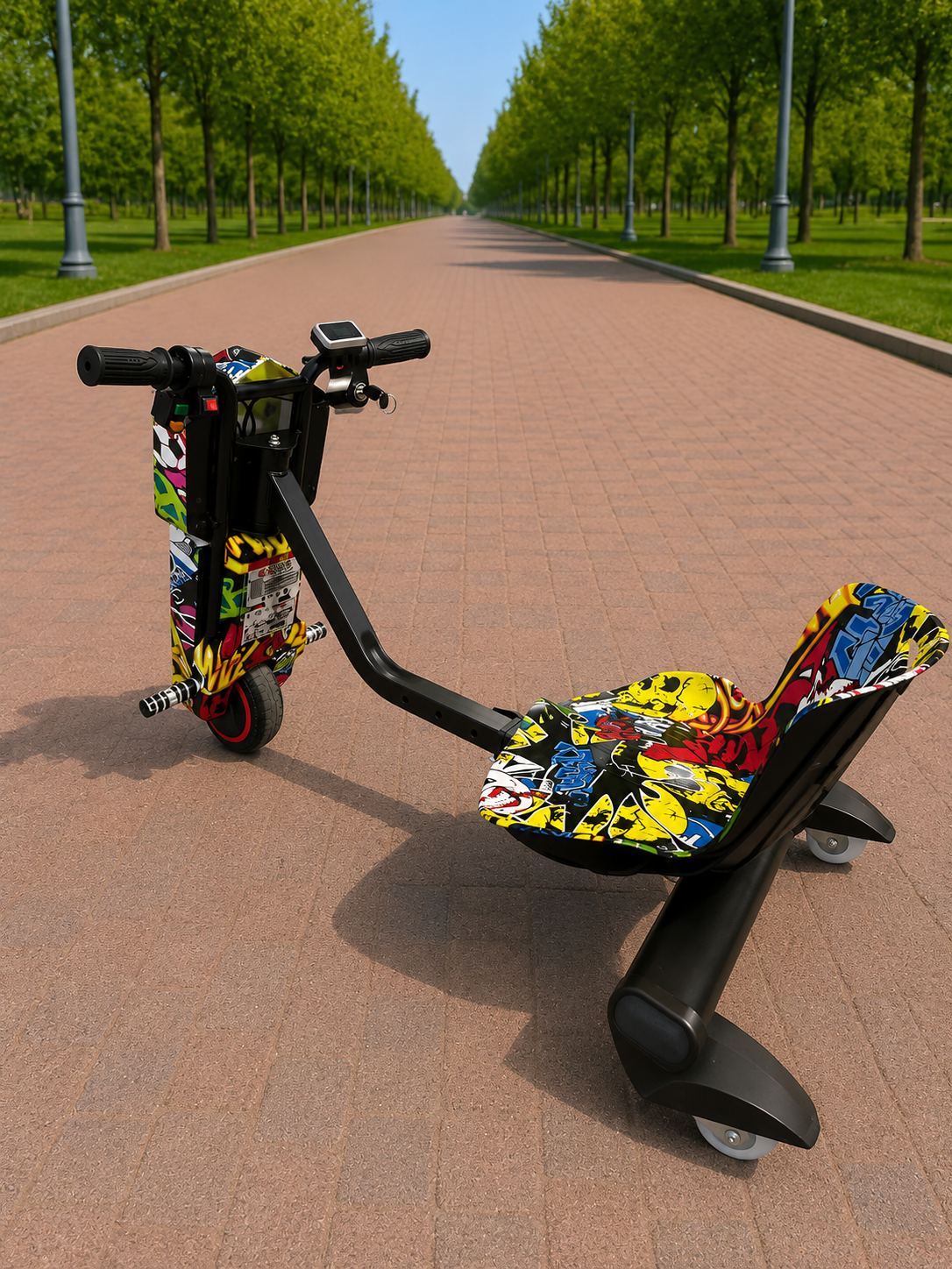 Tricicletă Electrică Drift pentru Copii, 350W, 36V, Roți Pivotante 360°, Bluetooth, LED, Model Graffiti Multicolor, Cadou Cască și Protecții
