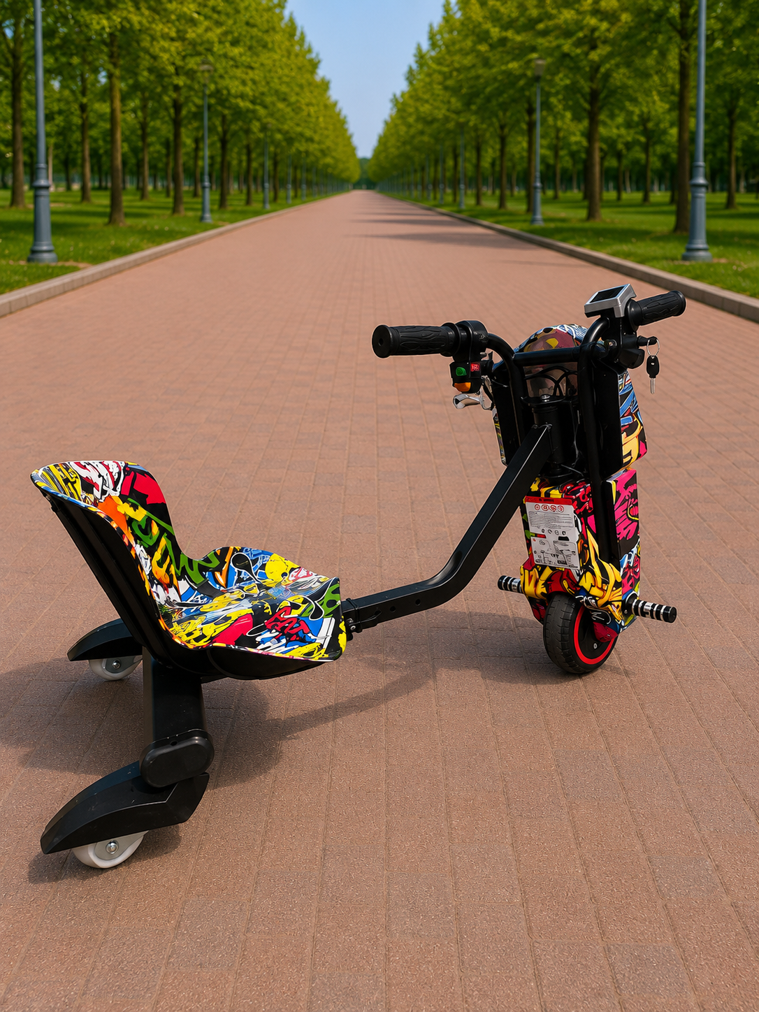 Tricicletă Electrică Drift pentru Copii, 350W, 36V, Roți Pivotante 360°, Bluetooth, LED, Model Graffiti Multicolor, Cadou Cască și Protecții - imagine 3