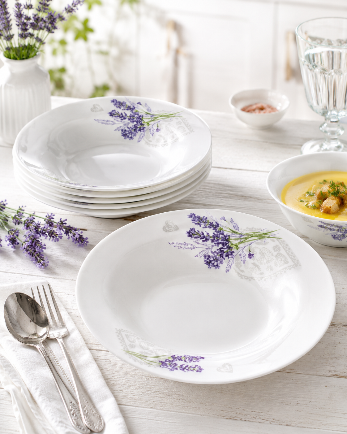 Set 6 Farfurii Adânci Lavandă din Opal Alb, 21,6 cm