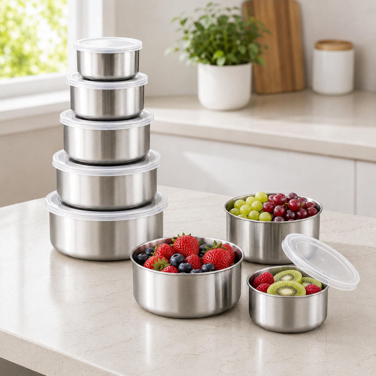 Set 5 boluri inox cu capace, 10 cm / 12 cm / 14 cm / 16 cm / 18 cm, stivuibile, pentru depozitare și servire alimente