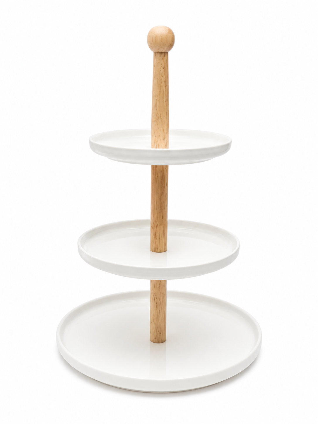 Etajeră din Ceramică Albă, 3 Niveluri, cu Suport din Lemn, 40 cm - imagine 2