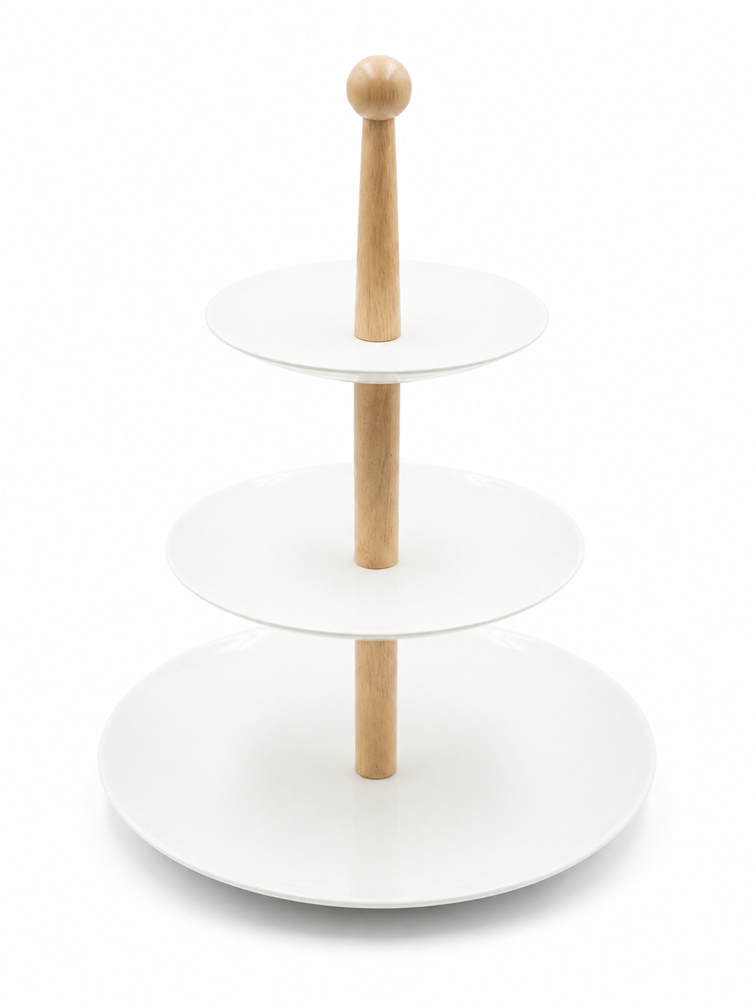 Suport Etajat pentru Prăjituri și Fructe, 3 Platouri Ceramice cu Ax din Lemn, 37 cm - imagine 2