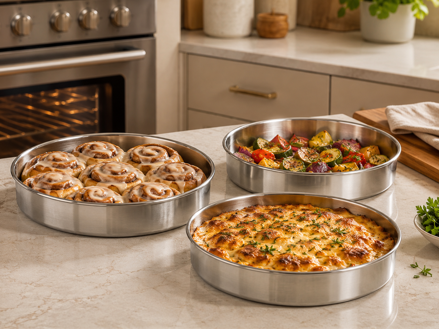 Set 3 Tăvi Rotunde din Inox pentru Copt și Servire, 28 / 32 / 36 cm