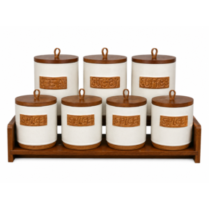 Set Borcane Depozitare Ceramica 7 Piese cu Suport – Cafea, Ceai, Zahăr și Condimente