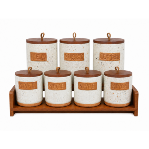 Set Borcane Depozitare Ceramica 7 Piese cu Suport – Cafea, Ceai, Zahăr și Condimente
