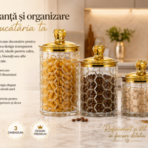 Set Recipiente Plastic 3 Piese cu Capac Auriu