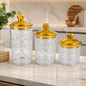 Set Recipiente Plastic 3 Piese cu Capac Auriu