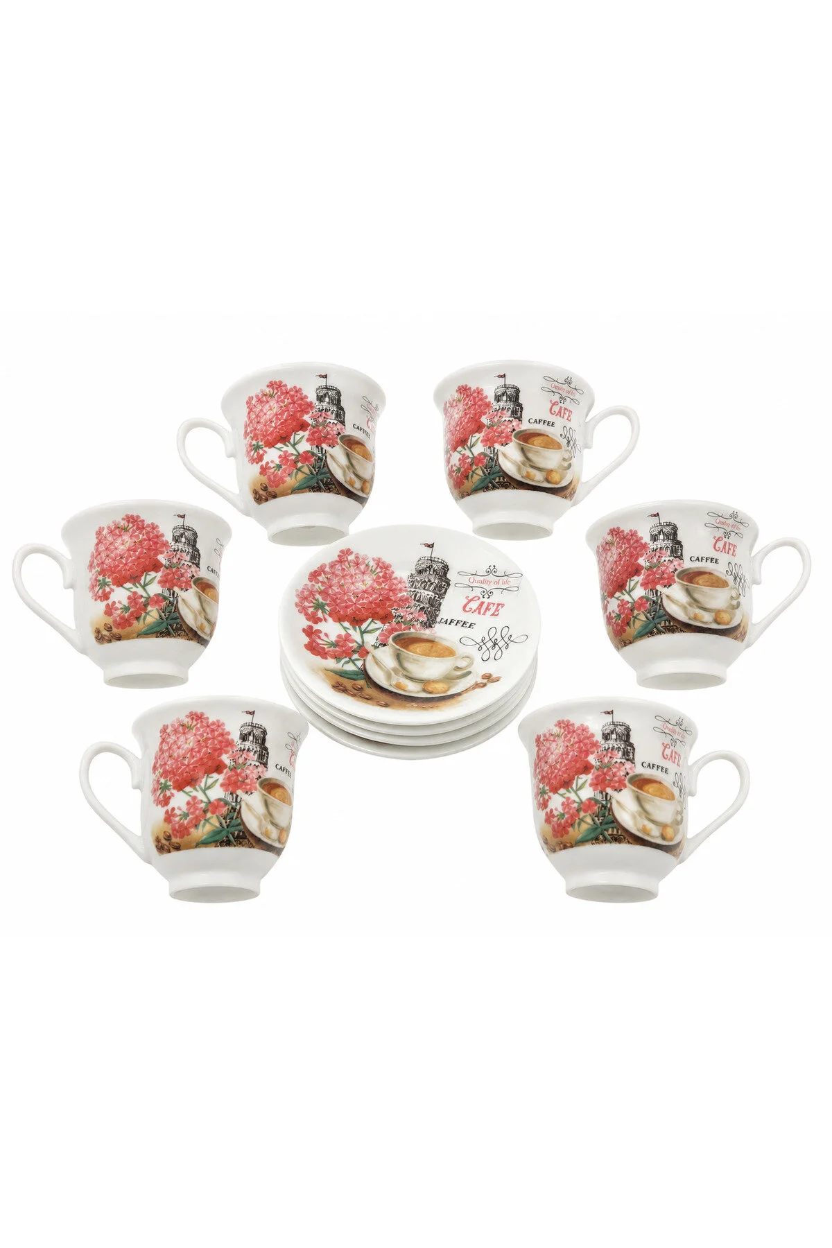 Set Ceramic 12 Piese, 6 Căni + 6 Farfurii, Model Floral
