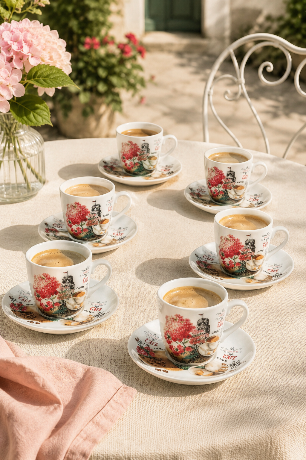 Set Ceramic 12 Piese, 6 Căni + 6 Farfurii, Model Floral - imagine 2