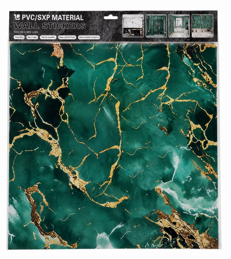 Tapet Autoadeziv 60 x 60 cm PVC/SXP, Marmură Verde cu Auriu