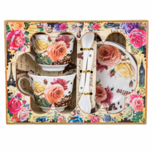 Set 2 Cești și 2 Farfurii din Ceramică, Design Floral Retro cu Trandafiri