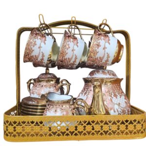 Set cafea 13 piese din ceramică cu suport, design elegant clasic cu accente aurii,