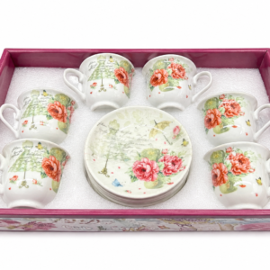 Set Ceramic 12 Piese, 6 Căni + 6 Farfurii, Model Floral
