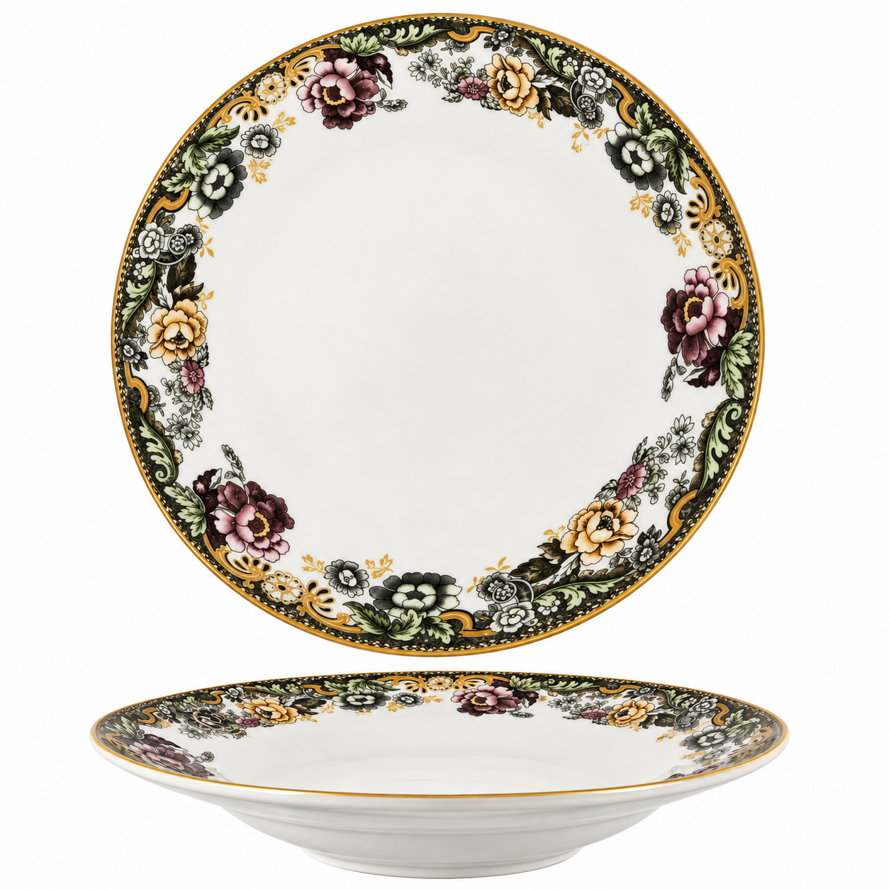 Set 6 Farfurii adânci ceramică 20.3 cm cu decor floral vintage și margine aurie