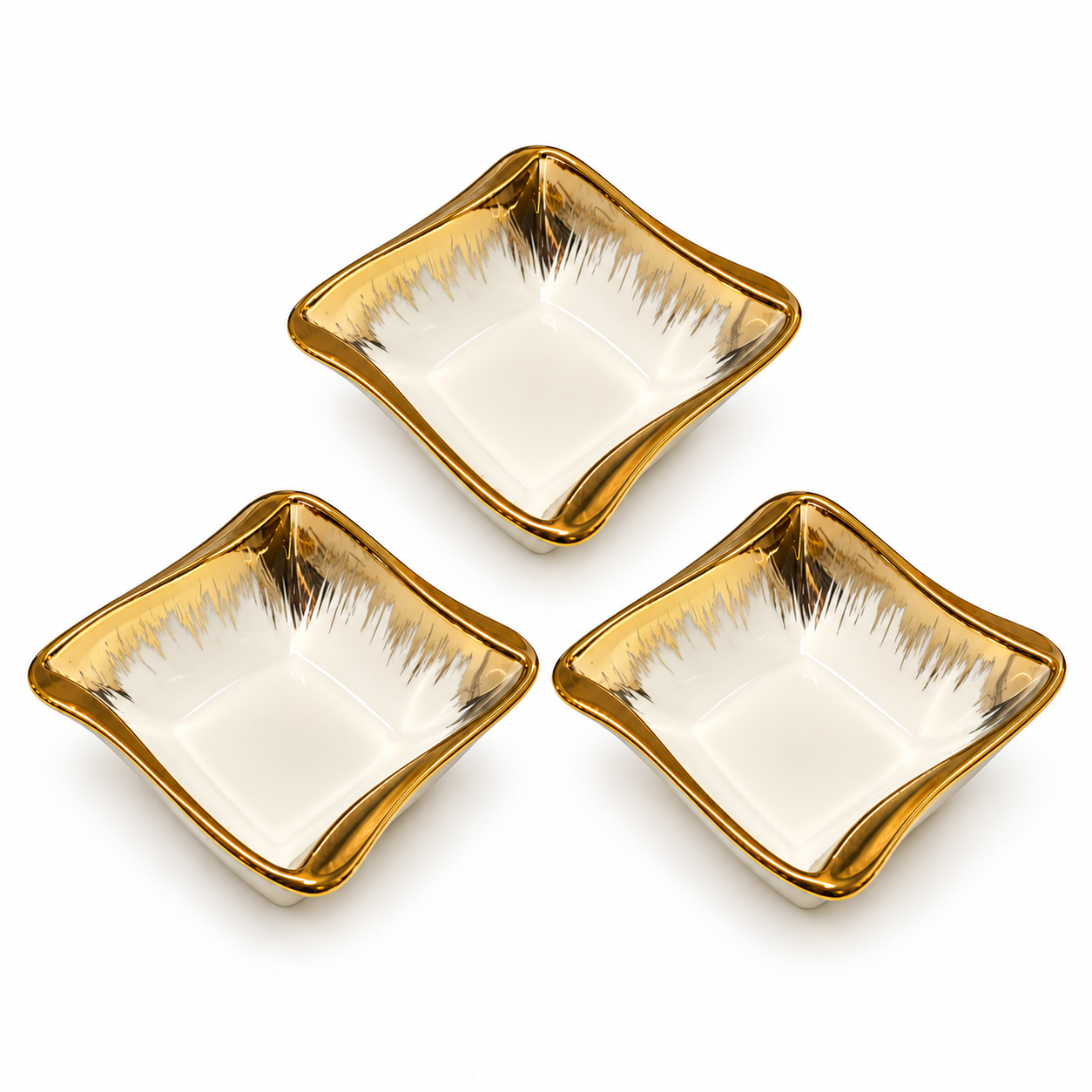Set 3 Sosiere din Ceramică, 12 cm, Model Alb-Crem cu Detalii Aurii