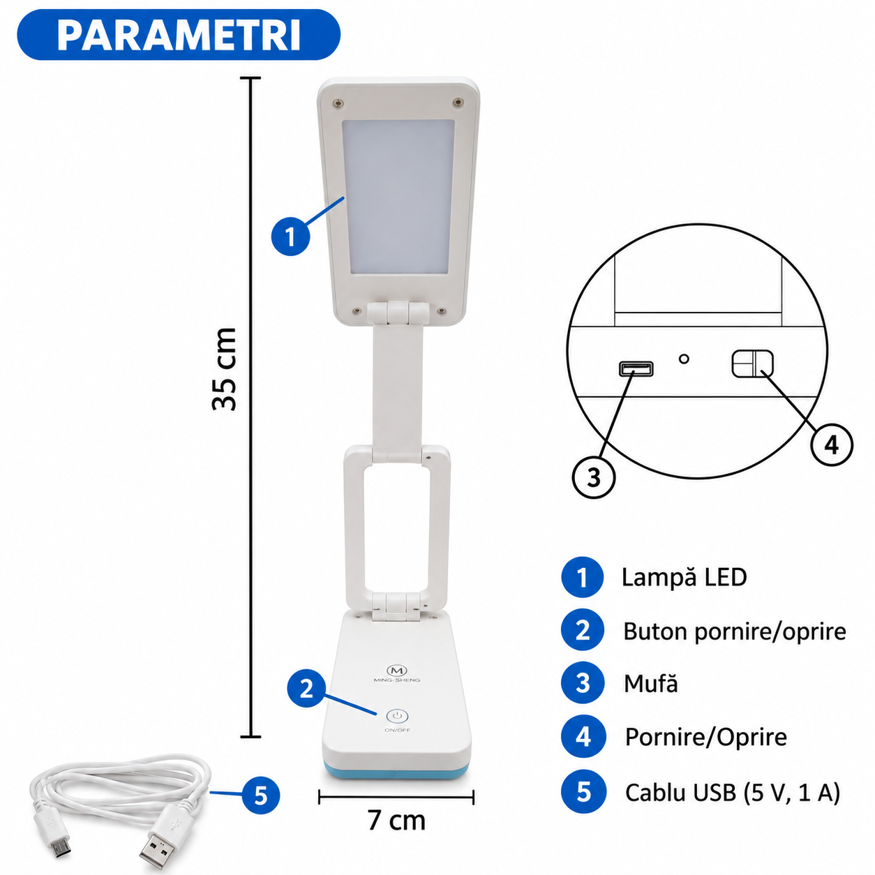 Lampă LED de Birou Pliabilă și Reîncărcabilă, 35 cm, 600 lm, Lumină Caldă și Rece, Touch, Suport Telefon, Albă - imagine 3